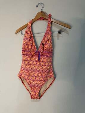 Slick One Piece Swimsuit Medium Pink Orange Geometric Halter Plunge Cutout Back